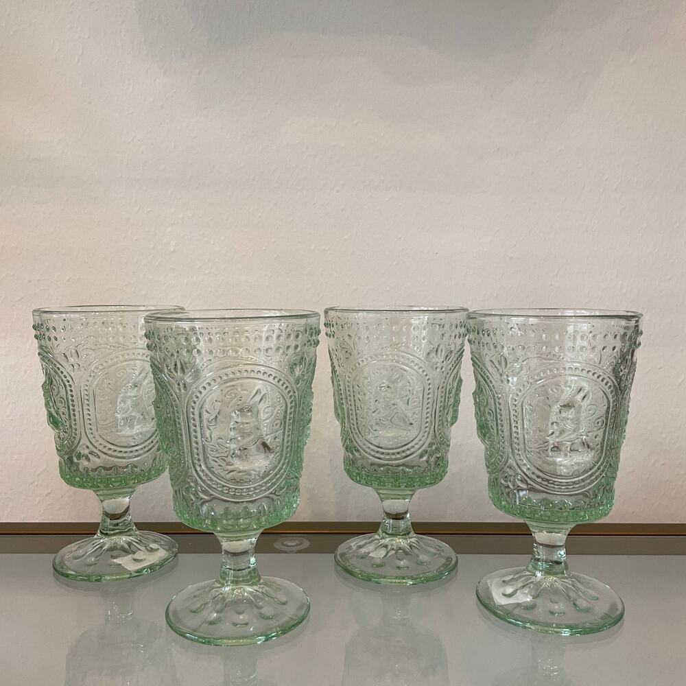 Easter Bunny Hobnail Victorian Footed Green Goblet Glasses Set Of 4 New